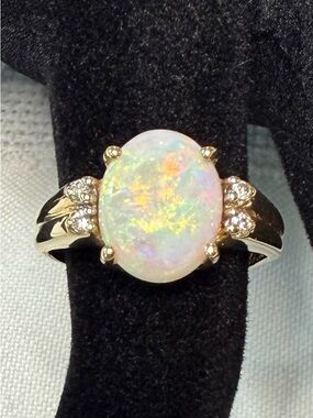 14K Gold Natural Flash Fire Opal & Diamond Ring .04ct Vintage Estate